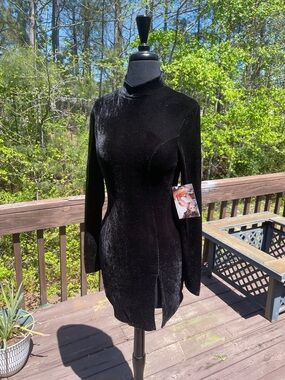 naked wardrobe Black Velvet Long-Sleeve Mini Dress with Front Slit